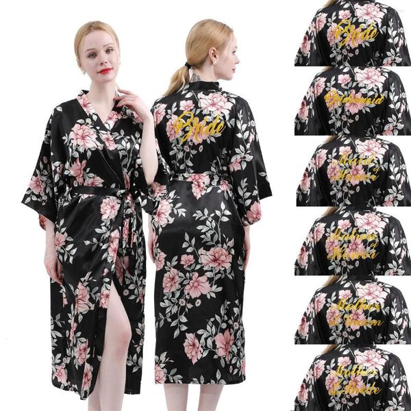 Pigiameria da donna Stampa Fiore Abito lungo Kimono Abito da bagno Donna Sexy Sposa Damigella d'onore Abito da notte allentato Abito da casa in raso di seta