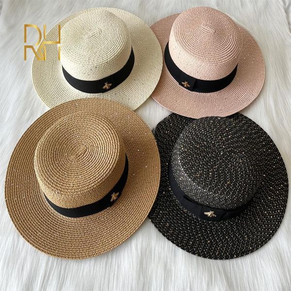 Sombreros de ala ancha Cubo Moda Lentejuelas Protector solar Papel Paja Primavera Verano Británico Flat Top Panamá Sombrilla Golden Bee Beach 230325