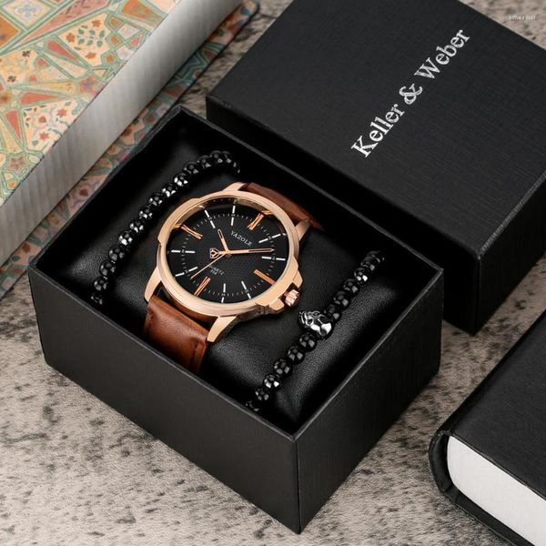 Orologi da polso Orologio da uomo originale in pelle al quarzo di lusso con 2 cinturini elastici per papà maschio Pratica confezione regalo di compleanno