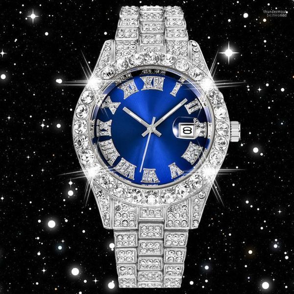 Armbanduhren ausgestoßen kubische Zirkonia Uhr Blue Face Hip Hop Mode hochwertige Diamantarmband Edelstahl Quarz Uhr für mich dhu