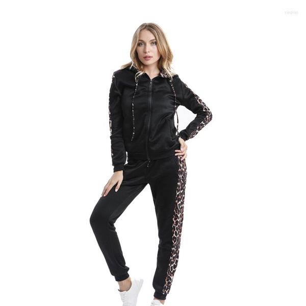 Pontas de duas peças femininas Moda feminina Moda quente de calça longa Long Set Definir de outono de leopardo de leopardo com zíper de lã do zíper 2 casaco 2