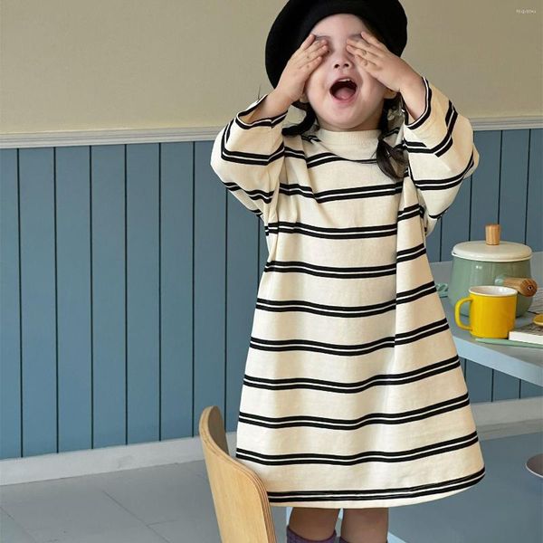 Девушка платья малышам для девочек с полосатым платьем для детей причинную длинную футболку одежду носить опрятный дизайн детского хлопкового наряда