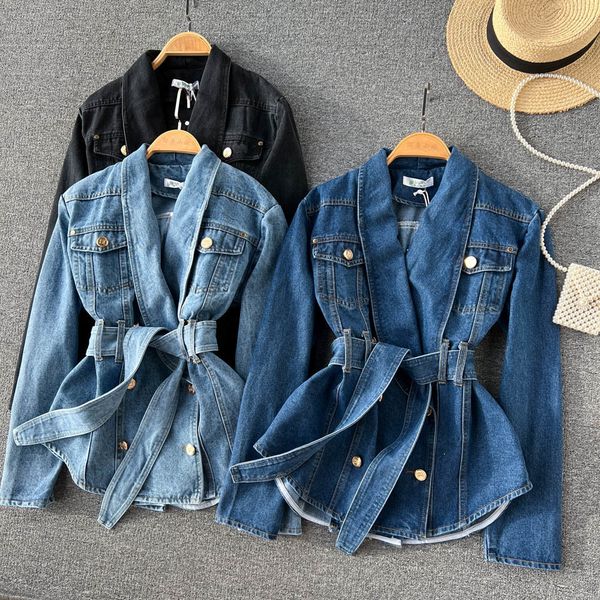 Jackets femininos Autumn Korean Version of the Belt cient line lotus folha borda vneck jaqueta jeans de abastecimento 230325