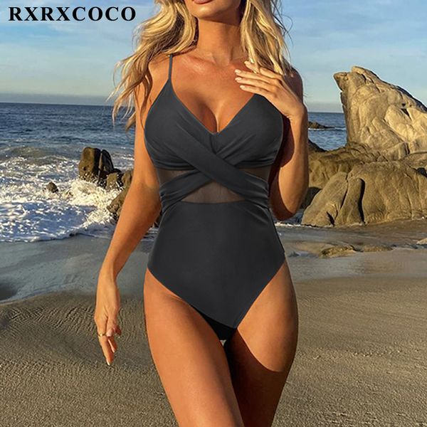 Swim Wear RXRXCOCO Mulheres Swimsuit Ver através de Sólido Preto Mulheres Swimwear Sexy Ruched Backless Push Up Banheira Terno Beachwear 230325