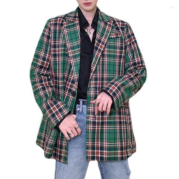 Herrenanzüge Männer Vintage Grün Plaid Chic Mode Lose Beiläufige Blazer Anzug Mantel Männlich Japan Koreanische Streetwear Blazer Jacke Oberbekleidung