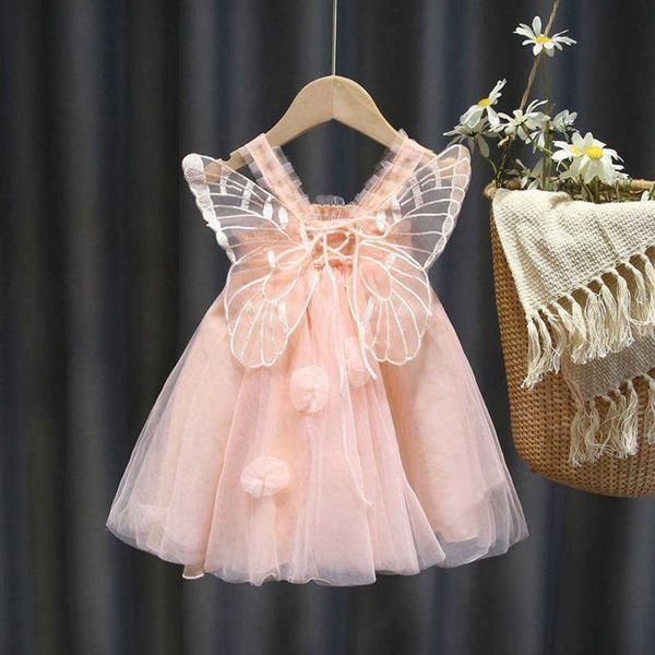 Платья для девочек, летнее милое платье для маленьких девочек, кружевной наряд с бабочкой, подтяжки с цветами, детские платья без рукавов розового и желтого цвета для маленьких девочек
