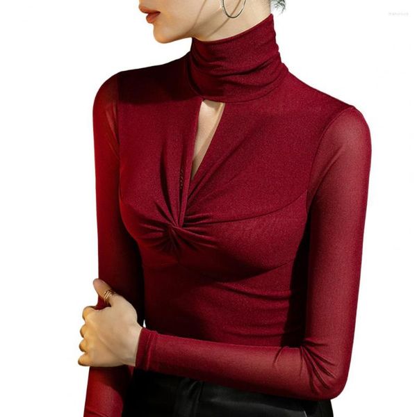 Blouses femininas Blusa da dança Turtleneck de manga longa Cross Nó Hollow Out Bottoming Spring Autumn Elasty Mesh Yoga Top