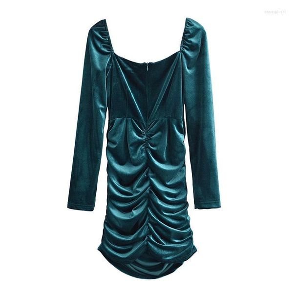 Vestidos casuais ZXQJ Mulheres 2023 Moda chique Moda Pleated Cast Velvet Mini Dress Vintage Manga Longa Feminina Vestidos Mujer