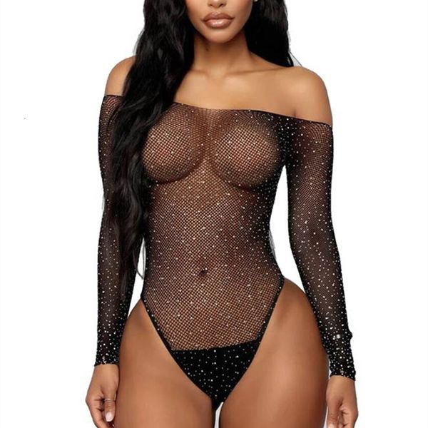 Mulheres Macacões Macacão Beading Bodysuits Skinny Alças Sexy Diamantes Corpo Encaje Sparkle Transparente Mulheres Atraente Manga Longa Oco R80877 230324