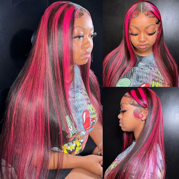 Parrucca colorata con evidenziazione rosa a 180 densità Parrucca frontale in pizzo trasparente per capelli umani Parrucca sintetica lunga diritta brasiliana per le donne