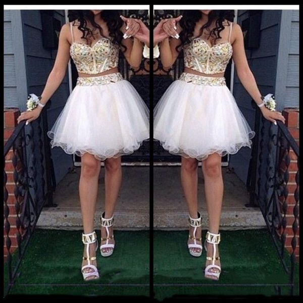 Vestidos de festa vestido de baile caseiro com tiras de miçangas douradas Tulle White Short Prom Vestor Sweet 16 GownParty