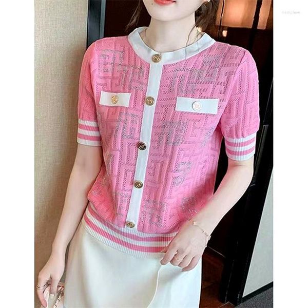 T-shirt da donna Retro geometriche Jacquard Crystal Diamonds Comfort lavorato a maglia Summer Ice Silk Elegant Ladies Pink White Tops Moda coreana