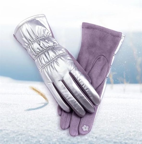Fünf-Finger-Handschuhe, modisch, solide Daunen-Baumwolle, Damen-Touchscreen-Handschuhe, Winter, Outdoor, Reiten, Vollfinger-Plüsch innen, verdicken