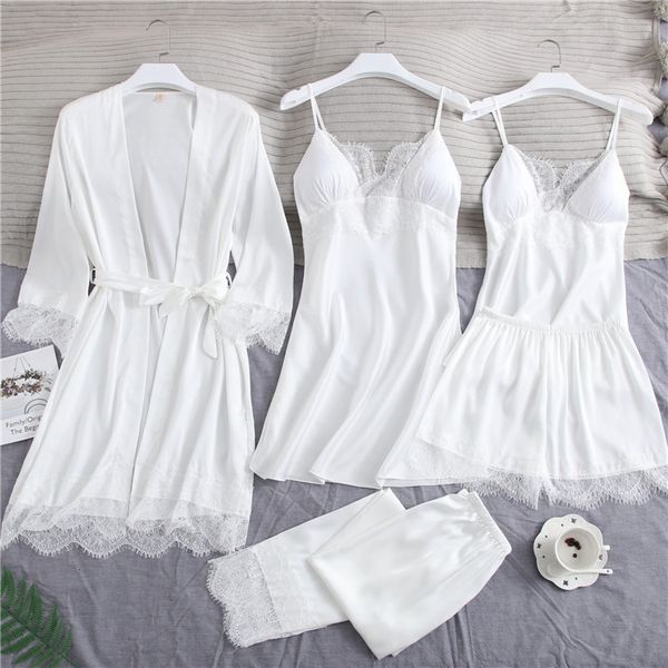 Abbigliamento da donna Sleep sexy Slip Full Slip White Silk Pigiamas Set Women Chemise Bride Wedding Wedding Nightgown Goown Kimono accappatoio lingerie 230325