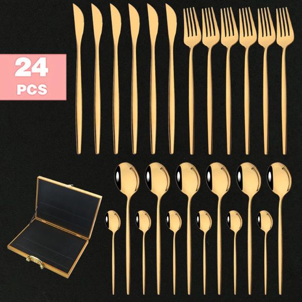 Conjuntos de utensílios de jantar 24pcs/conjunto de talheres de ouro