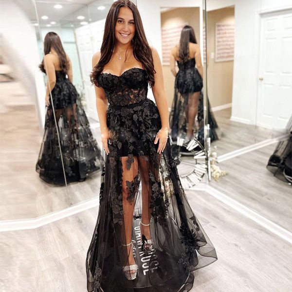 Sexy bodenlanges schwarzes Ballkleid mit Illusionsmieder und herzförmigem Abschlussballkleid, A-Linie, lang, für Junioren, Schulpartys