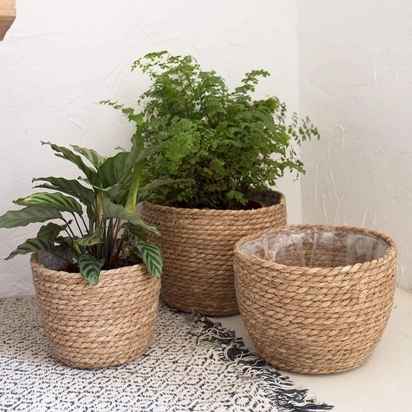 Plantadores Pots de palha de tecelagem de plantas de planta cesta de cesta de grama cesta de cesta interna de vaso de flores externa recipientes para plantas plantáveis ​​230324