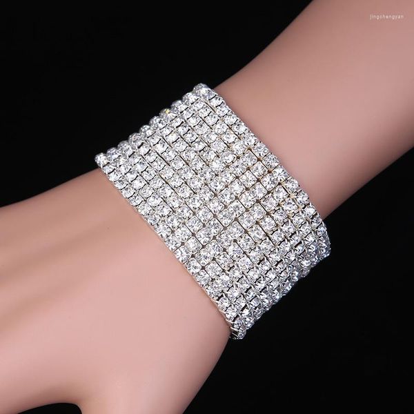 Bangle Blijery Trendy Exagerou 10 Row Rhinestone Bangles Elastic for Women Gold Silver Color Crystal Feminino Bracelets