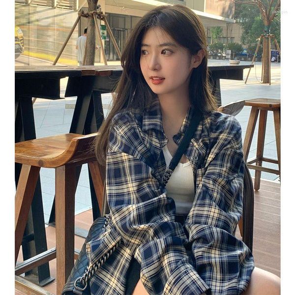 Bloups feminina xej camisa xadrez de estilo preguiçoso retro cardigã solto feminino feminino manga longa Autumn Spring Roupos de primavera na Coréia do Sul