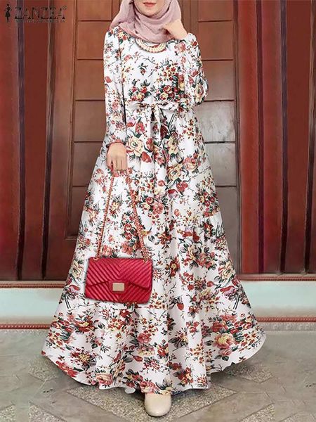 Roupas étnicas Zanzea elegante vestido muçulmano floral Mulheres impressas de verão Kaftan peru abaya hijab vestidos com cinto fêmea manto feminino Islam roupas 230325