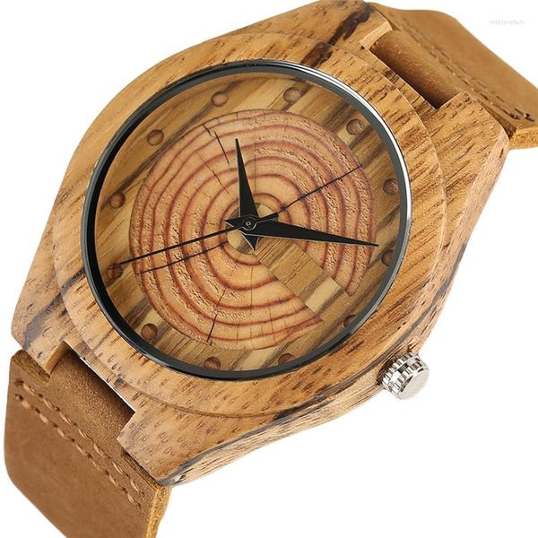 Relógios de madeira de punho Men Wood Watch Handmade Annual Rings Block Points Black Hands Men Quartz Wrist Watches Brown Genuine Leather Starp Sports