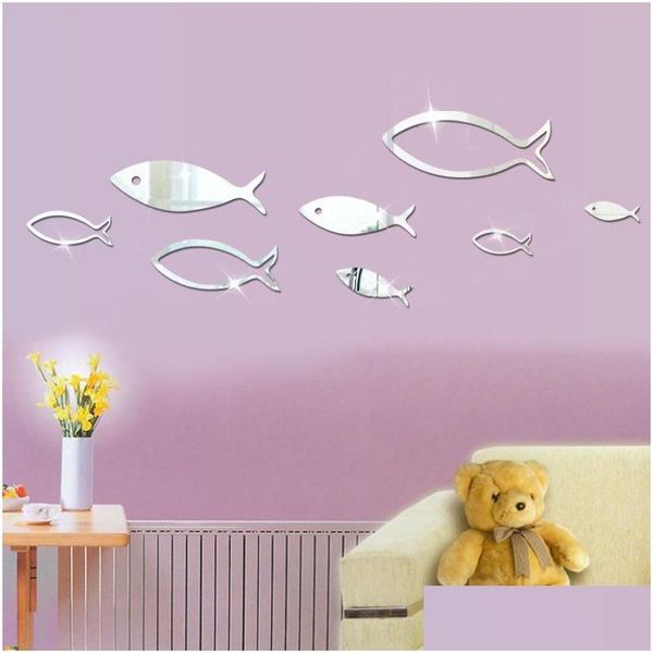 Adesivos de parede 8 pcs peixe peixe acrílico espelho quarto decoração decoração de decoração de decoração de casa entrega de entrega de parto dhj9l