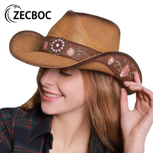 Wide Brim Hats Bucket de alta qualidade feminino women western cowboy panamá verão retro elegante vintage cowgirl bordury sun 230325