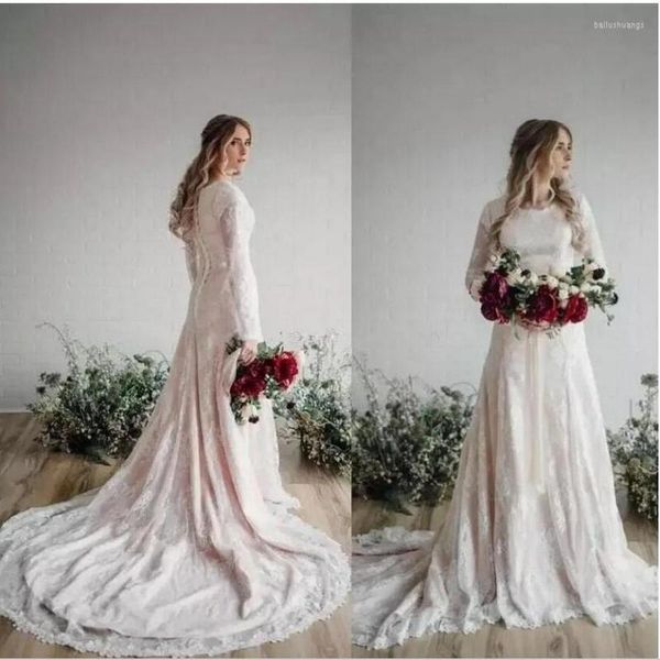 Hochzeitskleid Modest Design Volle Spitze Winter Champgane Futter Langarm A-linie Trail Boho Brautkleider Vestido De Noiva