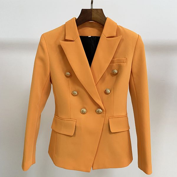 Damen-Anzüge, Blazer, HIGH STREET est 2023, Barock-Designer, schmale Passform, zweireihige Jacke mit Löwenknöpfen, Orange 230325