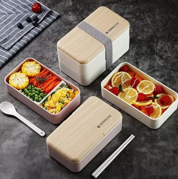 Doppelschichtige Lunchbox, 1200 ml, Holzgefühl, Salat, Bento-Boxen, Mikrowelle, tragbarer Behälter für Arbeiter, Studenten, RRA