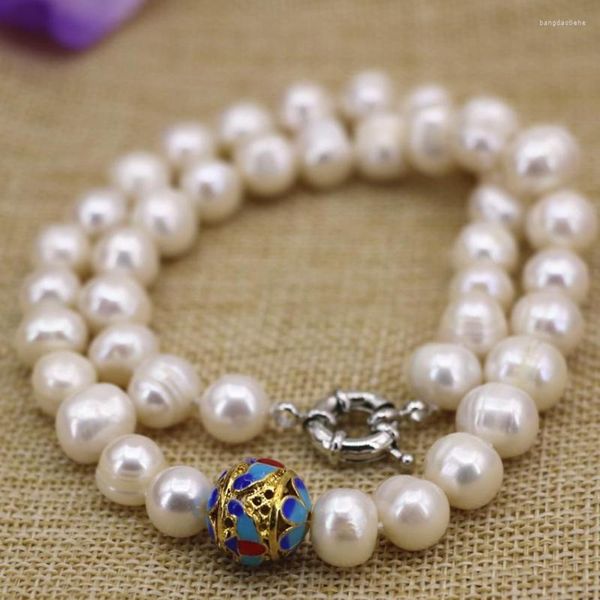 Catene Design originale 10-11mm Collana di perle coltivate d'acqua dolce naturale Collana di perle Regali per donna Gioielli cloisonné color oro 18 pollici B3133