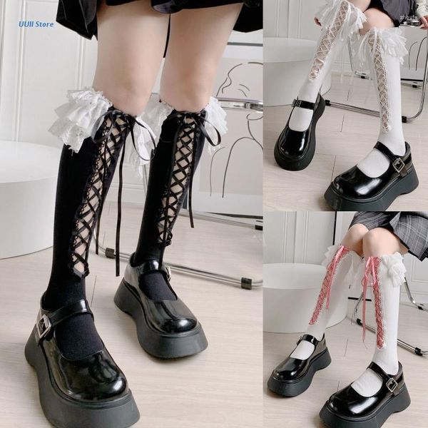 Damensocken, Damen-Spitzenbesatz, süße Lolita-Cosplay-Strümpfe, Retro-Bindung, Baumwolle, japanische Studentenstiefel