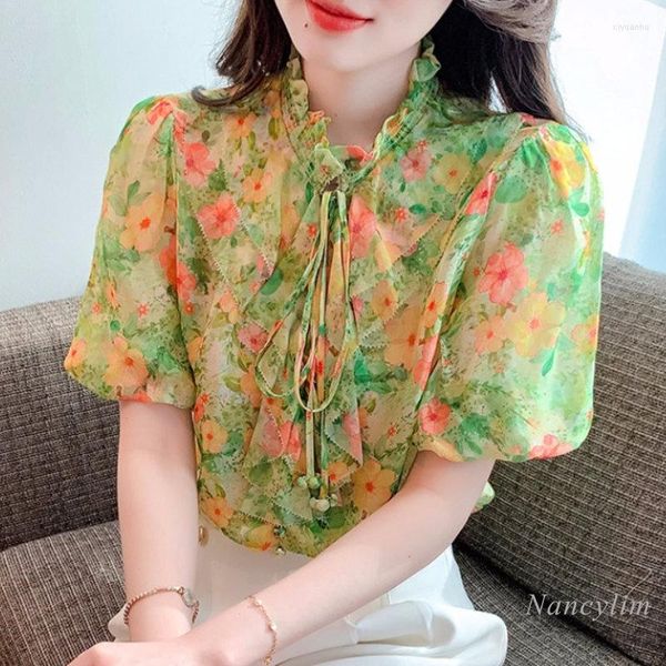 Blouses feminina Blusa estampada floral de moda de verão para mulheres camisa de camisa feminina feminina feminina 2023 chique bonito top verde