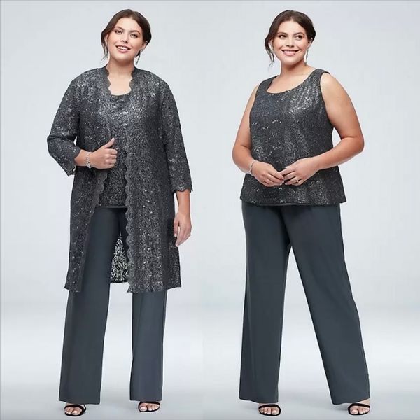 Plus -Size -Pailletten -Spitzenmutter des Braut Pant Anzug mit Jacke - Chiffon Hochzeitsgastoutfit im funkelnden Design