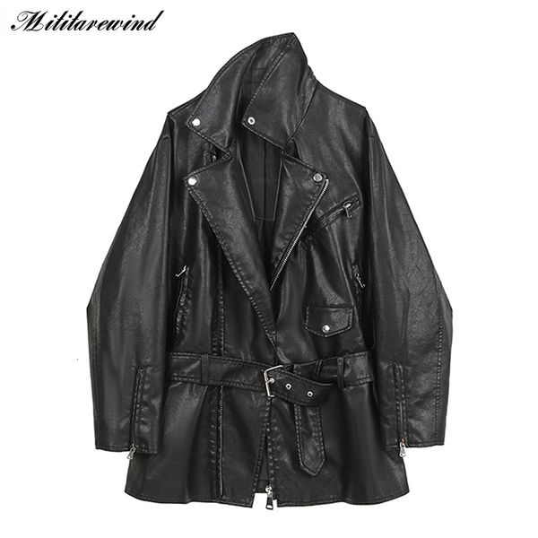 Jackets femininos 2023 Moto Biker Black Leather Midlong Women BF Style Style Cool Pu Ajustável Coloque Ajusta Mulher 230324