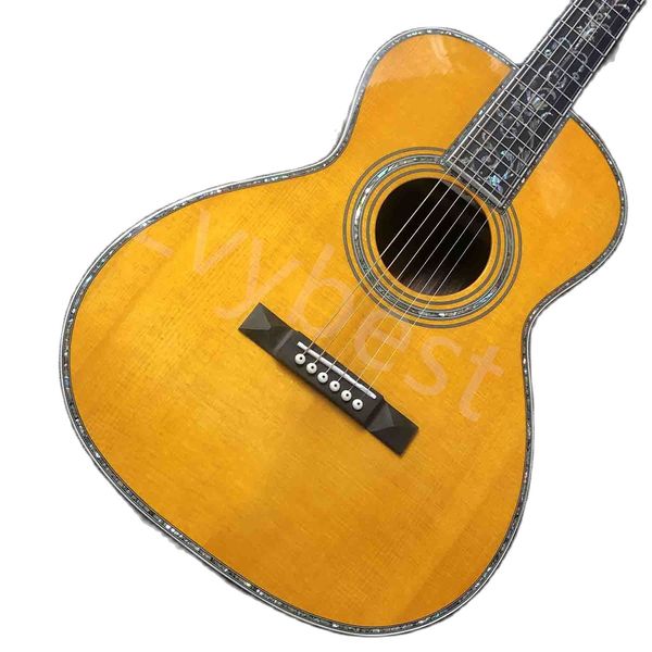 Benutzerdefinierte AAAAA Vollmassivholz, ein Stück Mahagoniholzhals, 39-Zoll-Ebenholzgriffbrett, echte Abalone-Akustik-E-Gitarre im OO-Stil