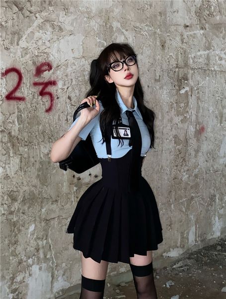 Duas peças de saia conjuntos de camisa azul coreana coreana com gravata cintura de peixe terno de femininação uniforme de menina preppy college estilo y2k 230325