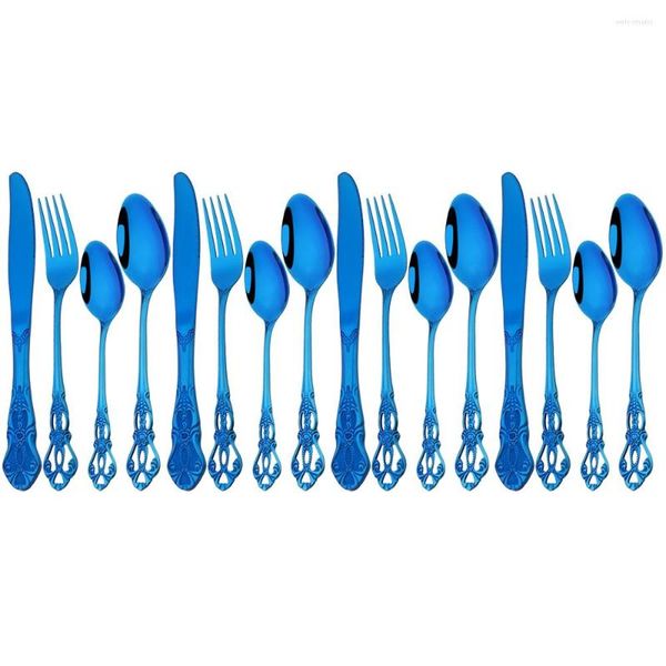 Conjuntos de utensílios de jantar 16pcs Conjunto vintage espelhado de aço inoxidável talheres azul faca bobina de café com mesa de mesa de mesa de cozinha oeste