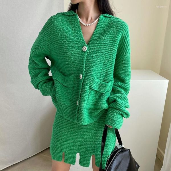 Arbeitskleider Gestrickte Zwei 2 Stück Set Frauen Herbst Langarm Laides Strickjacke Hohe Taille Split Mini Rock Anzüge 2023 frühling Pullover Koreanische