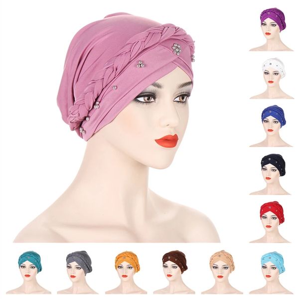 Frauen Dame Perlen Muslimischen Geflecht Kopf Turban Wrap Abdeckung Krebs Chemo Islamischen Arabischen Kappe Hut Haarausfall Motorhaube Mützen Mode ramadan