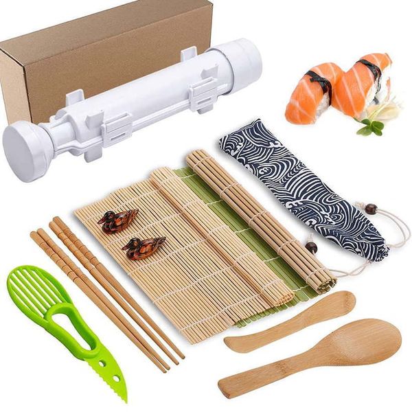 Strumenti per sushi 11 pezzi Set per la produzione di sushi Kit fai da te per la preparazione di sushi giapponese Kit di stampi per rollare il sushi giapponese Nori Roll Maker per principianti Accessori per bento Utensili da cucina