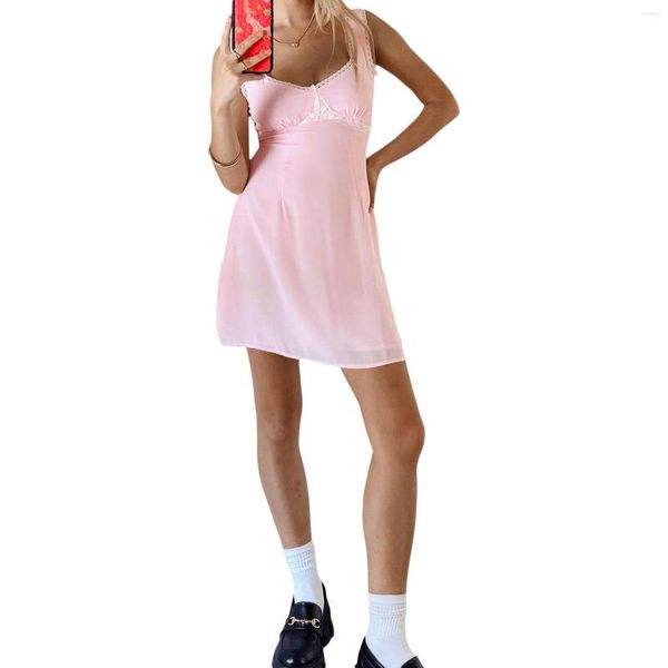 Vestidos casuais Combhasaki Summer feminino y2k tiras largas tiras de renda com acabamento quadrado pescoço sem mangas temperamento doce vestido mini-line