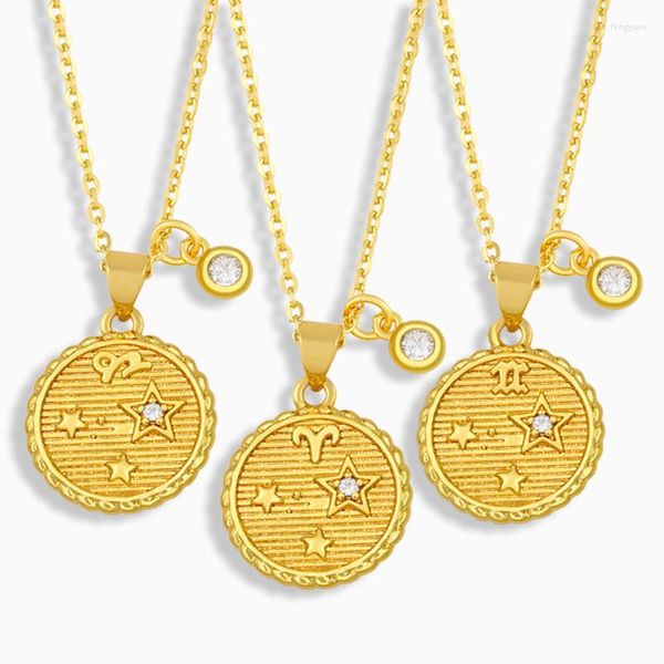 Colares pendentes Flola Gold Batilhado 12 colar de zodíaco para mulheres constelações de disco redondo Chain Clavicle Chain Jóias de Jóias Presentes NKEV18