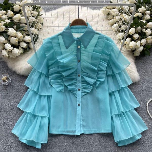 Damenblusen, süße Damen, Frühling, einreihig, lockeres Chiffon-Hemd, Sommer, Damen, unregelmäßig, geschichtet, Rüschen, Langarm, Organza-Oberteile