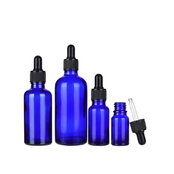 Garda de conta-gotas de colírio de vidro azul cobalto com pipeta 5ml-100ml para óleos essenciais recipientes cosméticos vazios