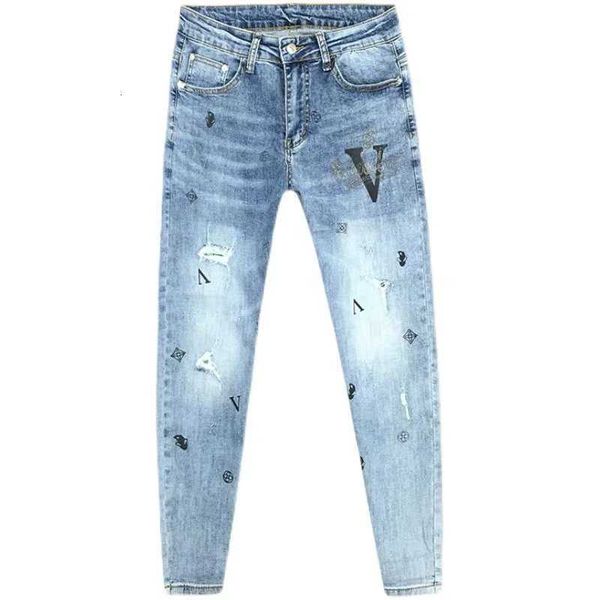 Designer di jeans maschile hot diamond stampare foro rotto netto rosso slim cot marchio di moda coreano blu nove punti autunno nuovo