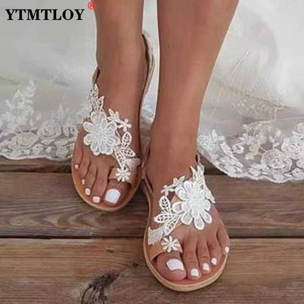 Sandalen Neue Sommer Frauen Flache Strand Sandalen Gladiator Weiße Spitze Damen Hochzeit Schuhe Offene spitze Römischen Flip Flop Alias Mujer 230322