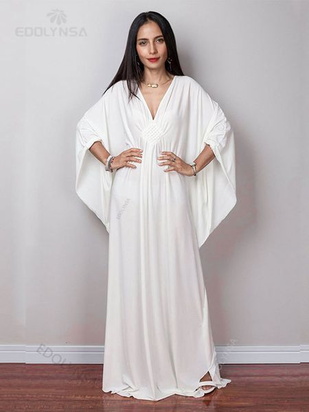 Женские купальники твердый V-образный рукав Batwing Plus Size Lake Maxi Dress для женщин Summer Beach Wear Kaftan Long Bathing Conte Crest Up Q1306 220325