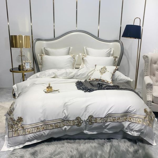 Set biancheria da letto Luxury White Red Embroidery 1000TC Set cotone egiziano 4/7 pezzi Copripiumino matrimonio tinta unita Lenzuolo piatto e federe