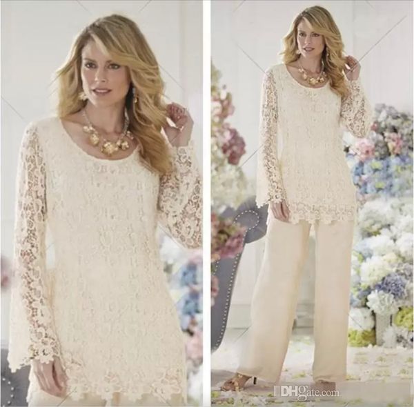 Pantaloni eleganti per la madre della sposa in pizzo, abiti da cerimonia per gli invitati al matrimonio, abiti da sposa economici su misura, taglie forti, maniche lunghe